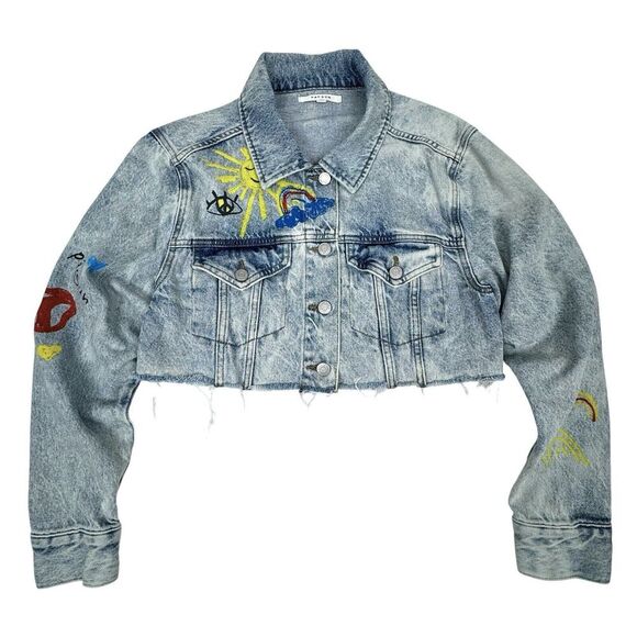 Pacsun Crop Denim Jacket Medium Graffiti Skater Distressed Painted Art Sun Peace - Picture 1 of 13